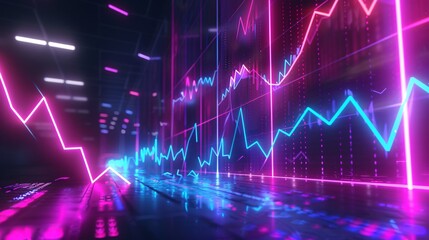 Wall Mural - an artistic portrayal of business economics through neon-infused charts. Capture the essence of growth and decline analytics against an abstract neon background