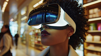 Woman using virtual reality headset that gives advice on trendy clothes to go shopping in mall