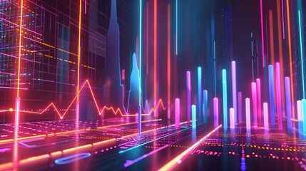 Wall Mural - an artistic portrayal of business economics through neon-infused charts. Capture the essence of growth and decline analytics against an abstract neon background