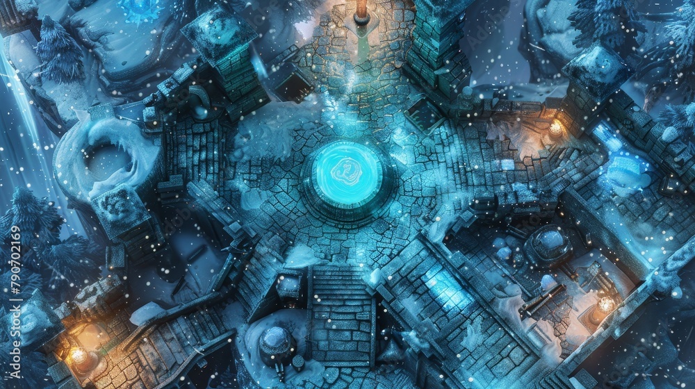 D&D inspired fortress map, detailed with a labyrinth of traps such as freezing ice storms and explosive runes, challenging for any RPG adventure