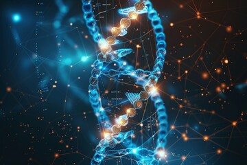 Genetic engineering and biotechnology concept with DNA strand and gene editing symbols.