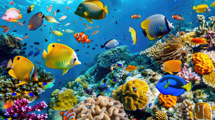 Wall Mural - A large group of vibrant fish swims together over a coral reef in the ocean, showcasing a beautiful underwater ecosystem