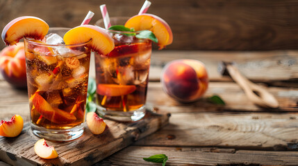 Wall Mural - Peach Lemonade on rustic wooden background ,Peach iced tea ,Iced tea with peach slices, mint and ice cubes close up , Homemade refreshing summer drink