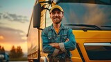 Fototapeta  - Portrait happy male driver wearing hat standing in front truck. AI generated image
