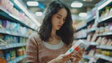 Fototapeta  - Portrait a young woman reading food label of diary product in grocery store. AI generated