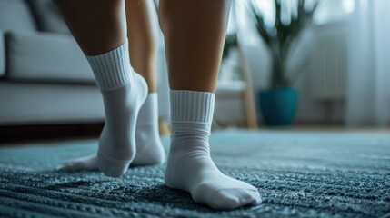 Closeup a woman wearing her legs white socks at home. AI generated image