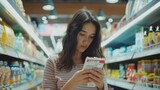 Fototapeta Sport - Closeup young woman reading food label of diary product in grocery store. AI generated