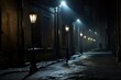 Dark alley with flickering street lamps.