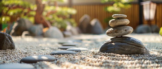 Tranquil zen garden featuring meticulously placed rocks and lush greenery, creating a peaceful oasis.