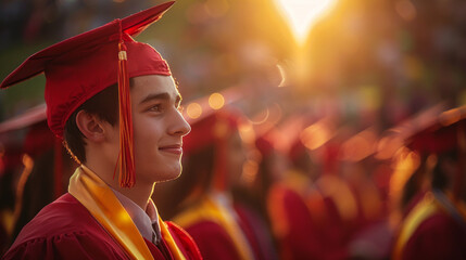 Wall Mural - Young Male Graduate in Red Cap and Gown at Sunset Ceremony.