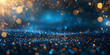 Luxurious blue backdrop gold glitter bokeh sparkles perfect for celebration themes like Christmas New Year and birthdays essence of party elegance,  particle Christmas Golden light on blue background 