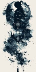 Aufkleber - a woman standing in front of a full moon. monochromatic ink illustration with fantasy world and char