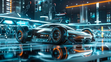 Wall Mural - a captivating banner showcasing futuristic electric sports cars with high-performance chassis and batteries. Alternatively, depict innovative concepts of future EV factory production