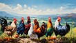 A group of seven roosters of different breeds standing in a grassy field, in front of a hill and mountains in the distance.