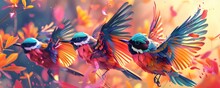 A Watercolor Painting Of Three Birds With Bright Red, Blue, And Yellow Feathers Flying Through A Field Of Flowers.