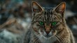 Intensely staring green eyed domestic cat shows displeasure on camera while guarding his territory