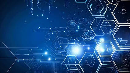 Poster - A blue abstract technology background with white hexagon and circuit lines