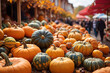 Pumpkin patch on sunny autumn day. Seasonal autumn market.