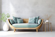 Wooden sofa with turquoise cushion and pillows against blank concrete wall with copy space. Loft interior design of modern living room, home.