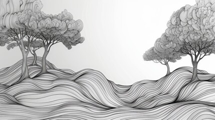 Canvas Print - a drawing of a forest with trees and a hill