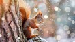 Eurasian red squirrel perches on a tree with a nut in the winter or late fall