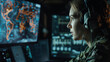 At a remote command facility, a focused female commander wears headphones and reviews intelligence reports on a monitor, orchestrating complex military operations with precision an