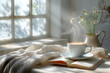 Serene Morning Scene with a Steaming Cup of Coffee and Open Book on a Sunny Table
