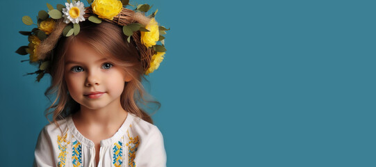 A little Ukrainian girl in an embroidered dress and a wreath.