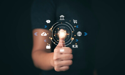 Poster - Future digital computing. Biometric fingerprint scanners for accessing personal financial information. Cyber ​​crime prevention. Banking application security. Online transactions.