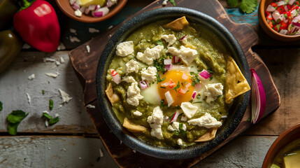 Poster - Savory Huevos Rancheros with Fresh Avocado and Lime on Wooden Surface