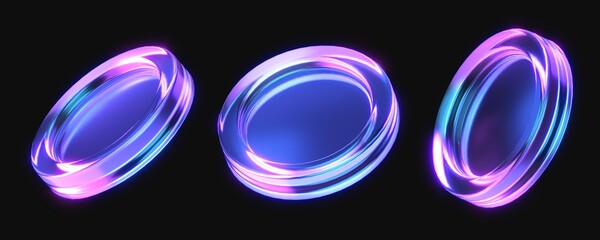 Aufkleber - set of glass coins with glowing gradient color. transparent colorful 3d cylinders. 3d rendering illustration of coins. futuristic crystal 3d coins isolated on dark background	