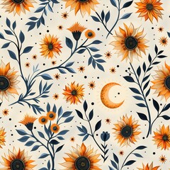 Wall Mural - Sunbursts and crescent moons intertwined with boho florals and 3D shadows. Seamless Pattern, Fabric Pattern, Tumbler Wrap, Mug Wrap.