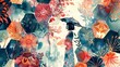 Watercolor floral background with a girl in the rain and abstract shapes hexagons. Hand-drawn illustration. AI generative.
