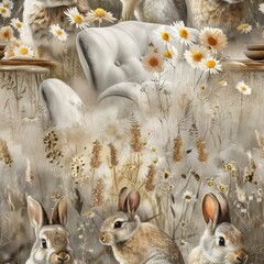 Wall Mural - 3D rabbits in a meadow of wildflowers, with a soft watercolor effect. Seamless Pattern, Fabric Pattern, Tumbler Wrap, Mug Wrap.