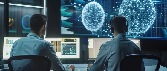 Poster - male computer engineer and scientist create neural networks in an office display. 3d simulation of b