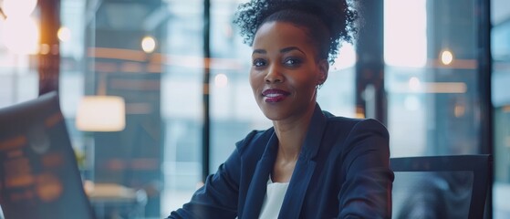 Poster - Black businesswoman working on laptop at desk. Smiling successful African American woman working with big data in e-commerce. Motion blur background.