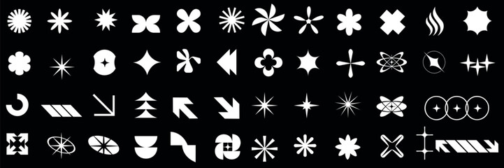 Wall Mural - brutalist vector shape set, white icons, black background, modern design elements, stars, arrows, ab