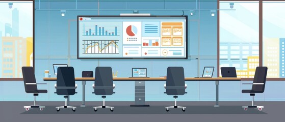 Poster - This modern office features an empty meeting room filled with various documents and laptops, a big TV behind which shows statistics, Big Data, and talks about the company's growth. The space is