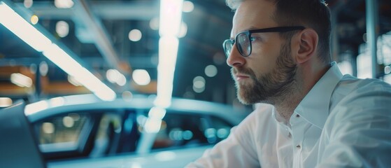 Canvas Print - An Industrial Specialist working on Vehicle Design in a Technological Facility in glasses and a white shirt.