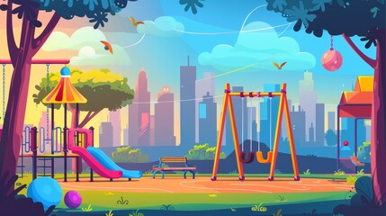 Wall Mural - Children's playground with colorful swings, carousels, slides, and balls. Modern illustration of a city park with a cartoon playground. Background with urban building silhouettes.