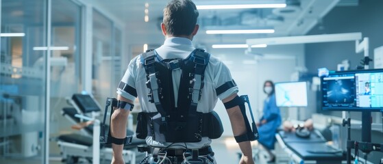 Poster - Scientists and engineers use tablet computers for physiotherapy rehabilitation to help disabled people. Patient with injury walks wearing advanced robot exoskeleton.