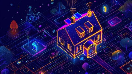 Poster - Isometric web banner with smart home, internet of things, computer interface with camera, internet of things equipment and services. Modern illustration, line art web banner.