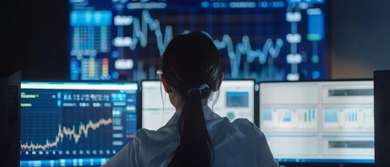 Poster - An engineer works in a modern monitoring room with a TV broadcasting a live analysis feed with charts. Data scientists and managers sit at their computers in the monitoring room.