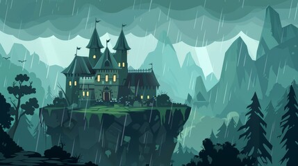 Wall Mural - An old medieval castle with pointed roofs under gloomy skies, an old castle on a rock at rainy weather. Fantasy architecture, fortress, cartoon modern illustration.