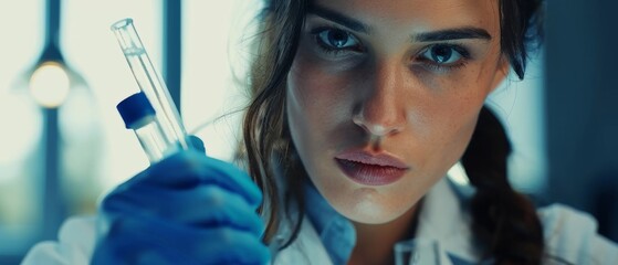 Poster - Portrait of a Beautiful Female Scientist Using Micro Pipette for Analysis. Advanced Scientific Lab for Medicine, Biotechnology, Microbiology Development. Hands Close-Up.