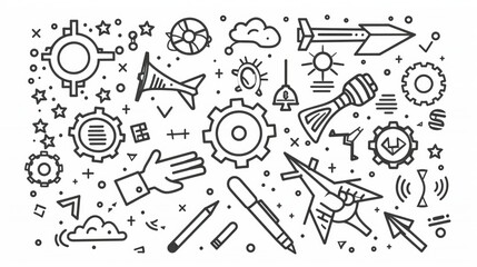 Poster - Icons of doodles, outline business signs, cogwheels, hands with puzzle pieces, joined palms, negotiations, paper airplanes, high-fives, handshakes, raising arrows, success Linear modern illustration.