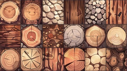 Wall Mural - Seamless wood textures seamless patterns for game, tree bark, woodpile with round and cut logs cross sections. Modern illustration set of natural materials.