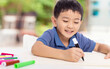  Smiling asian child schoolboy studying and writing at home