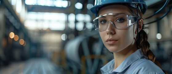 Wall Mural - A gorgeous female industrial specialist stands in a metal construction facility wearing a uniform, glasses, and hard hat. Image shows her wearing a hard hat while working in a steel factory.
