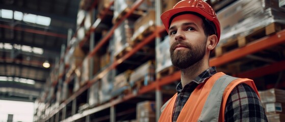 Poster - A handsome worker wears a safety vest and hard hat as he smiles charmingly into the distance while looking at a big warehouse with shelves full of delivery goods. Medium portrait.
